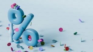 um balão azul com o número seis cercado por confetes