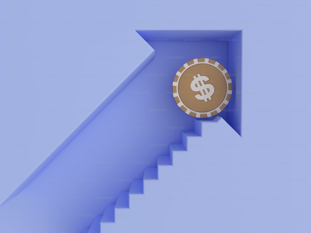 un signe de dollar en or assis au sommet d’un escalier bleu