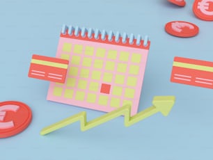 a pink calendar with a green arrow next to coins