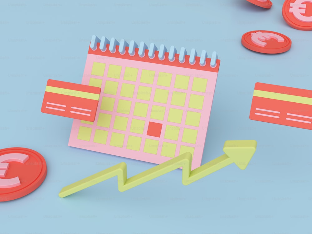 un calendario rosa con una flecha verde junto a las monedas
