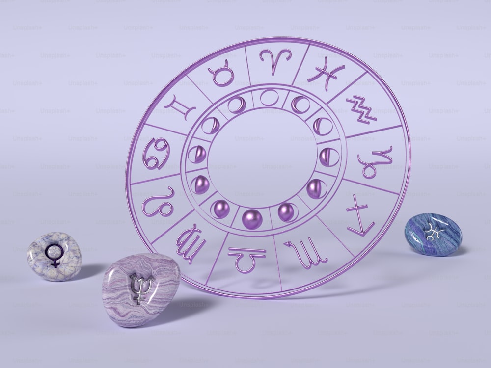 a purple wheel of fortune with three balls around it