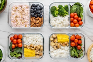 four plastic containers filled with different types of food