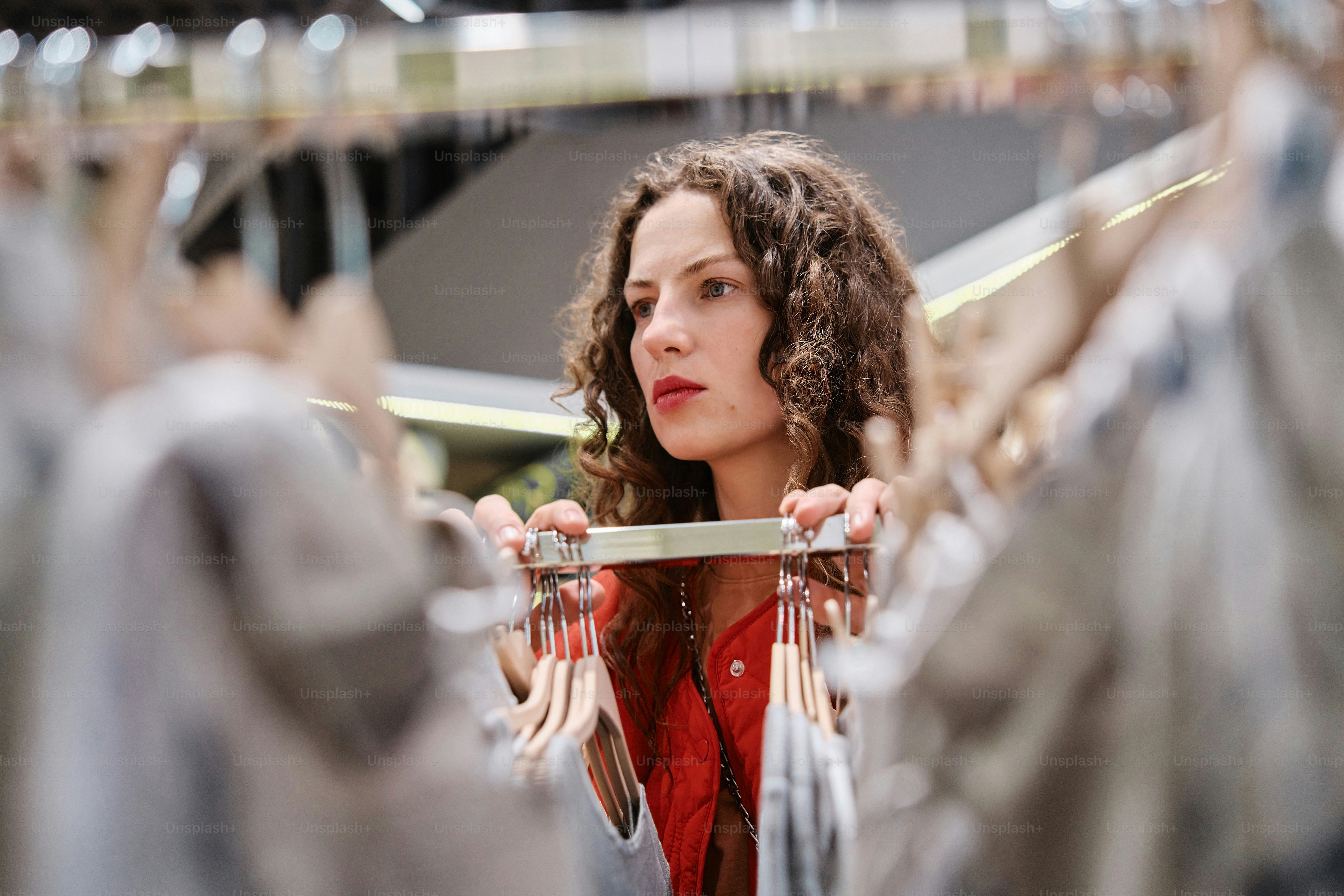 a woman is looking through a rack of clothes
