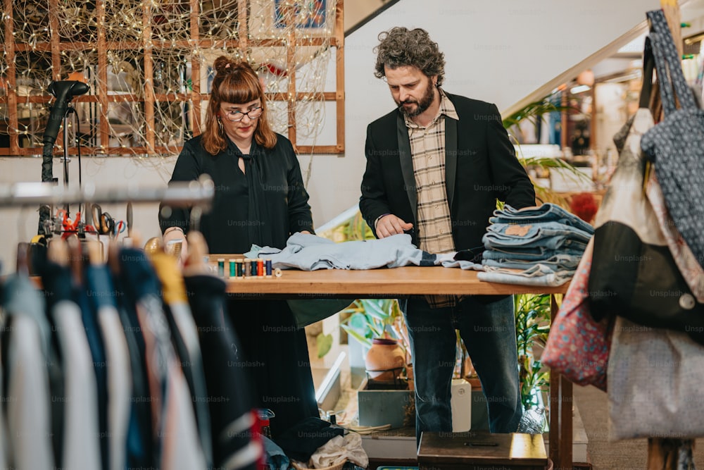 a man and a woman looking at clothes on a table