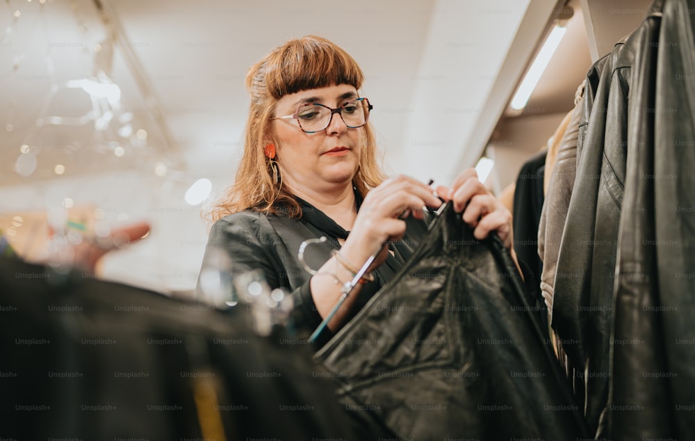 a woman is looking at a leather jacket