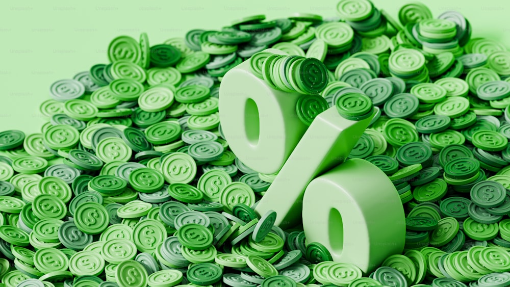 a pile of green buttons with the number six on them