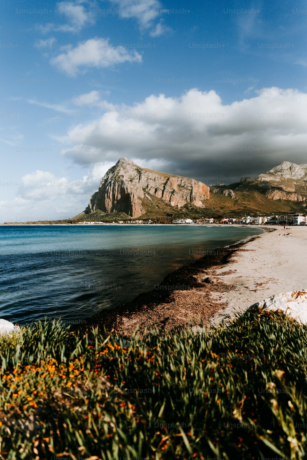 a view of a beach with a mountain in the background