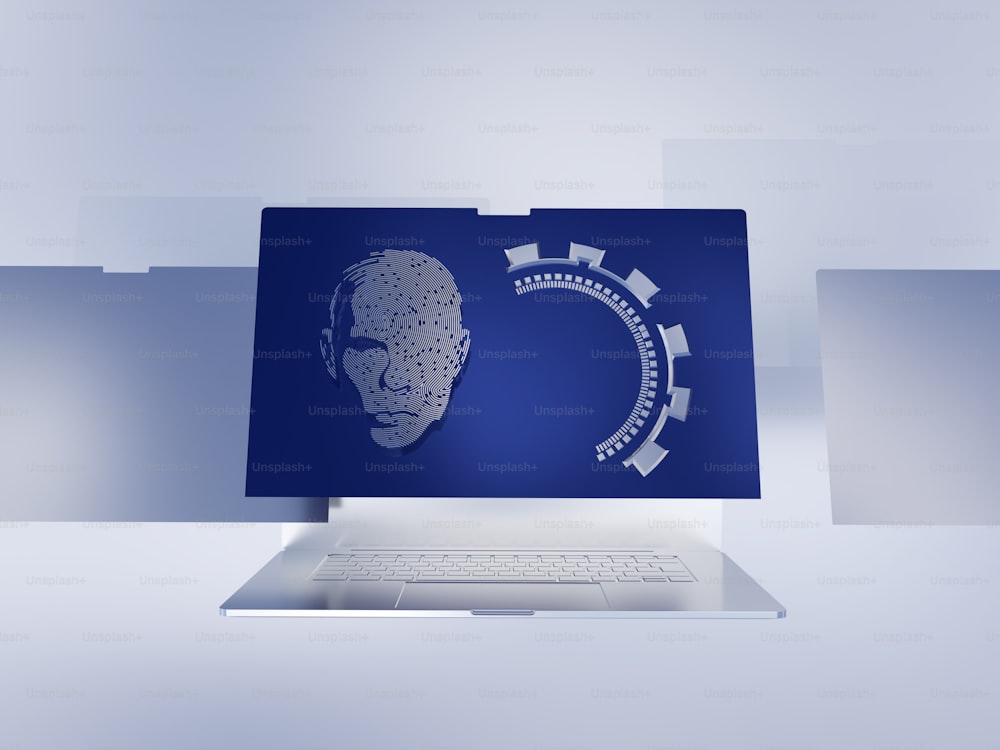 una computadora portátil con una imagen de la cara de un hombre en la pantalla