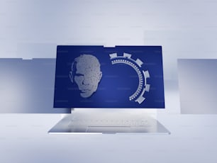 Ein Laptop mit einem Bild des Gesichts eines Mannes auf dem Bildschirm