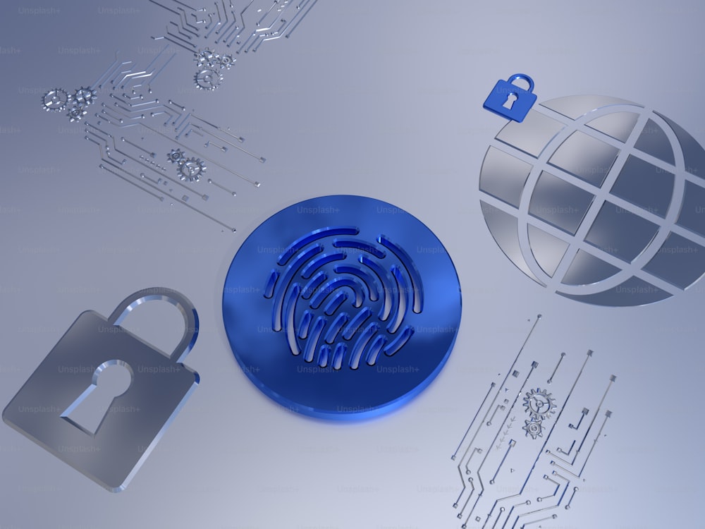 a blue pad with a fingerprint on it next to a padlock