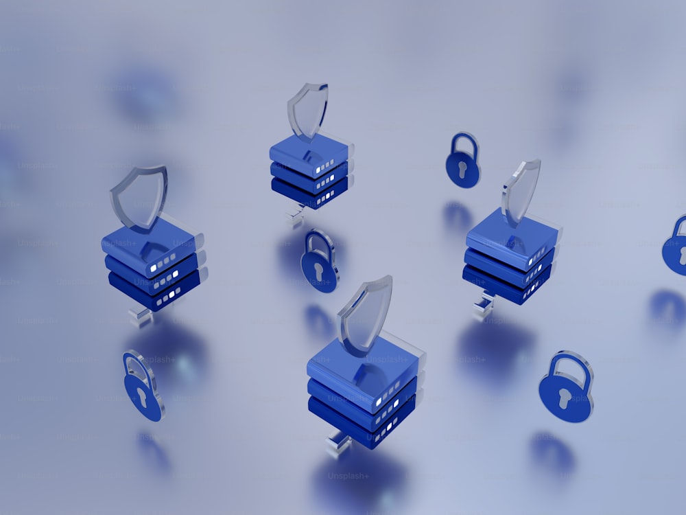 a group of blue boxes with a lock on top of them
