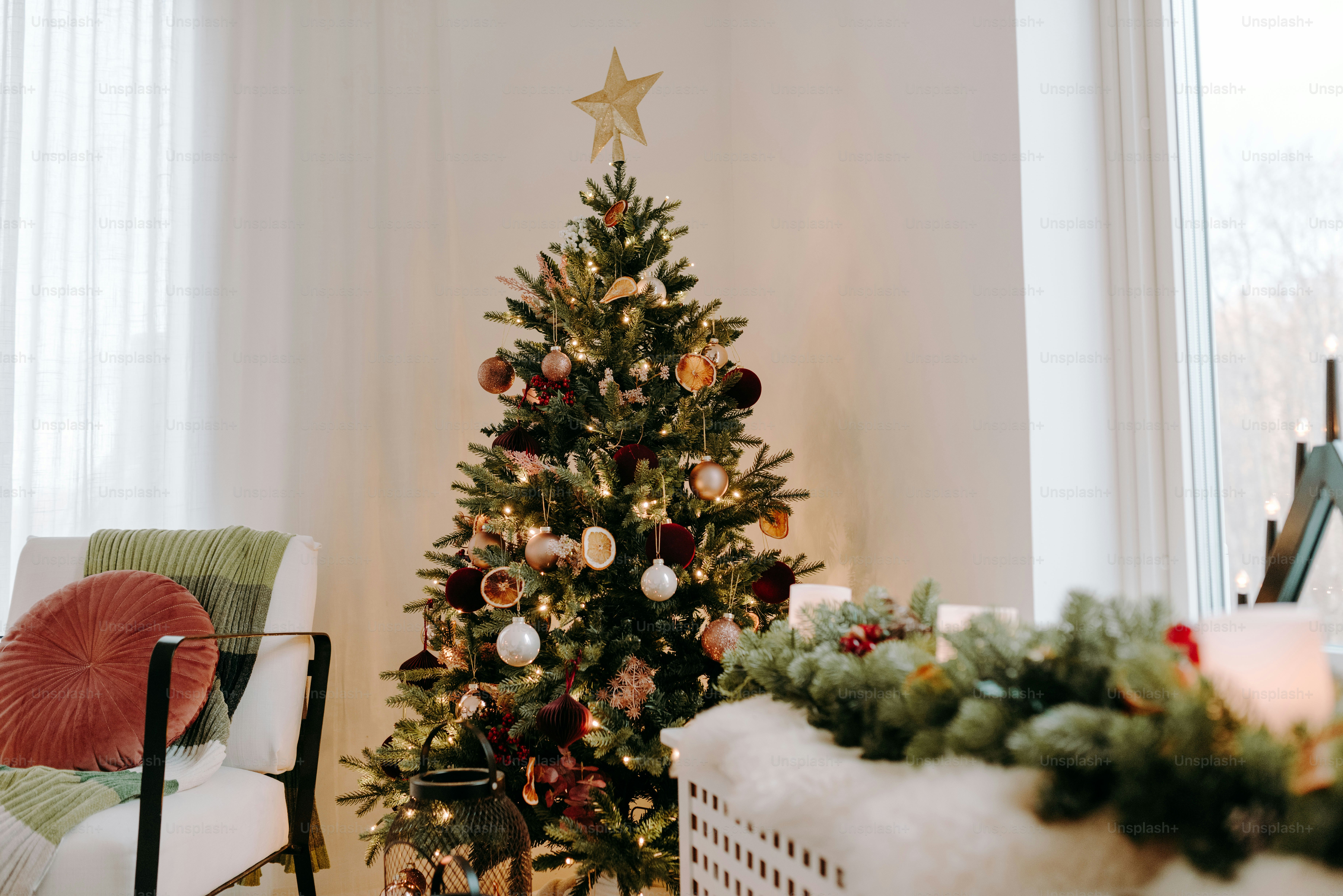 a decorated christmas tree in a living room