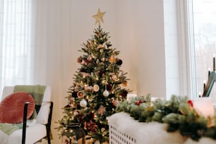 Un albero di Natale decorato in un soggiorno