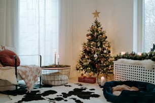 a living room with a christmas tree in the corner