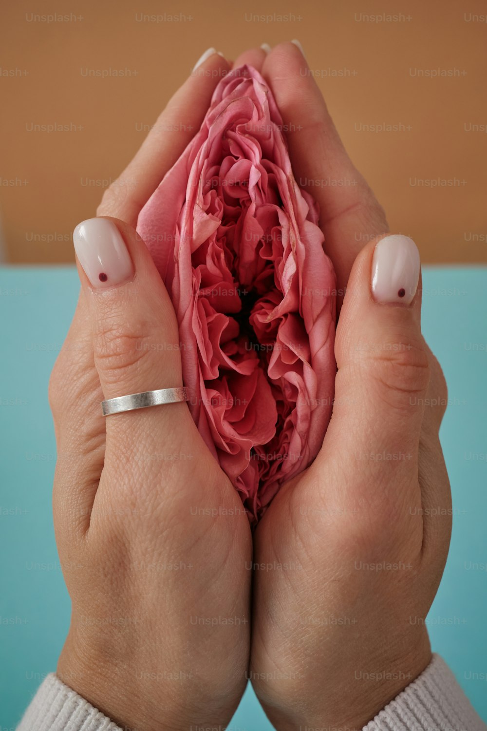 a woman holding a pink flower in her hands