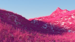 a pink field with a mountain in the background