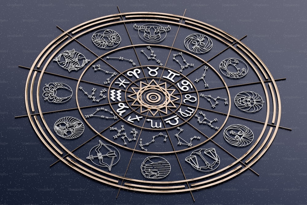 un orologio d'oro e nero con segni zodiacali