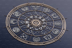 une horloge dorée et noire avec des signes du zodiaque dessus