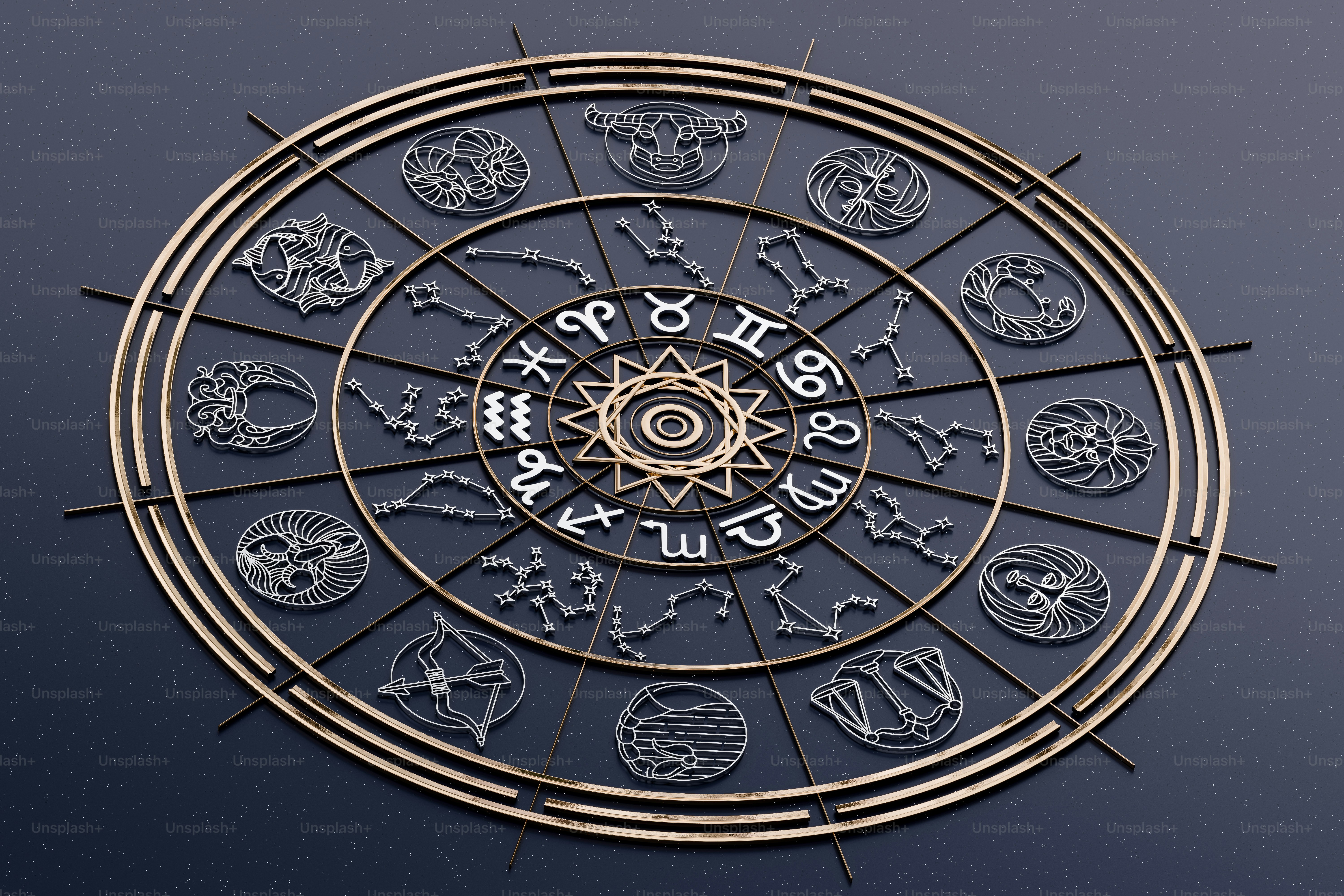 3D render featuring a Zodiac astrology circle set against a cosmic blue background.