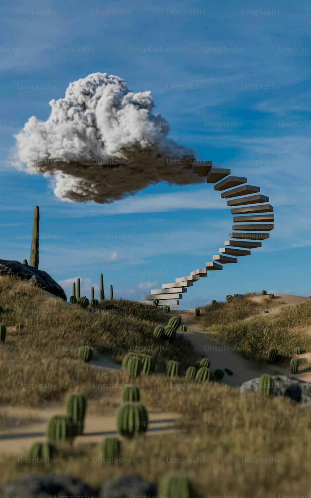 Una escalera de caracol en medio de un desierto