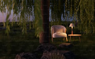 a white chair sitting under a tree next to a lamp