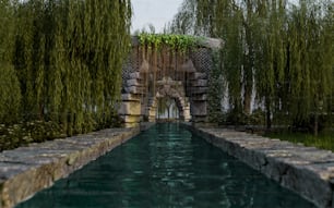 uma piscina rodeada por árvores e um muro de pedra