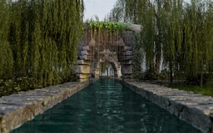 a pool surrounded by trees and a stone wall