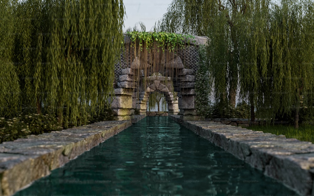 a pool surrounded by trees and a stone wall