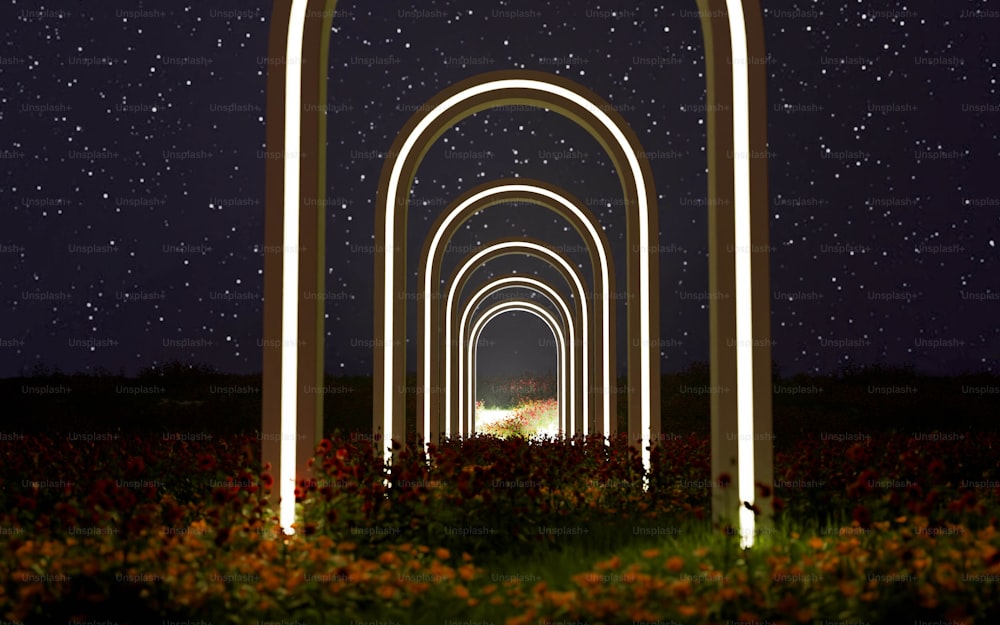 a row of arches lit up at night