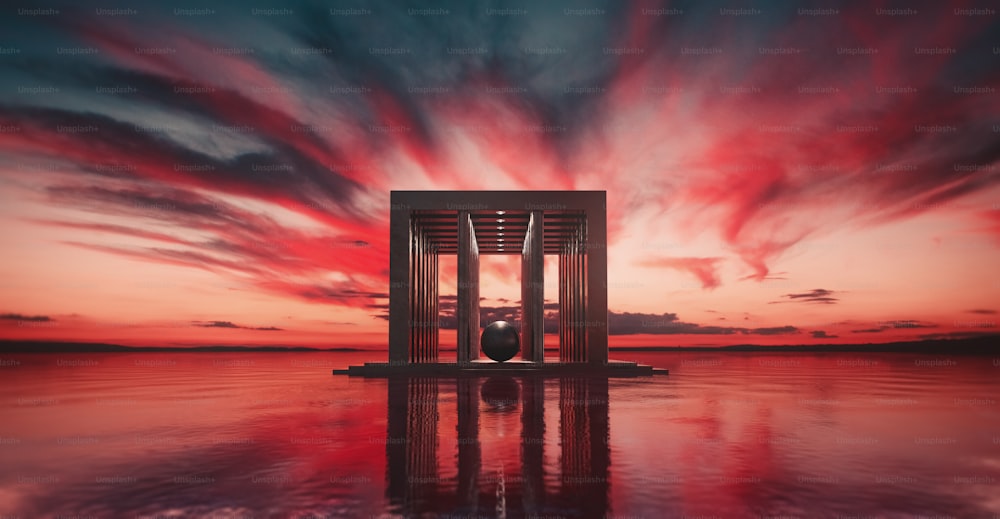 a photo of a red and blue sky with a door in the middle of the