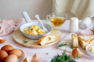 a bowl of eggs and bread on a table