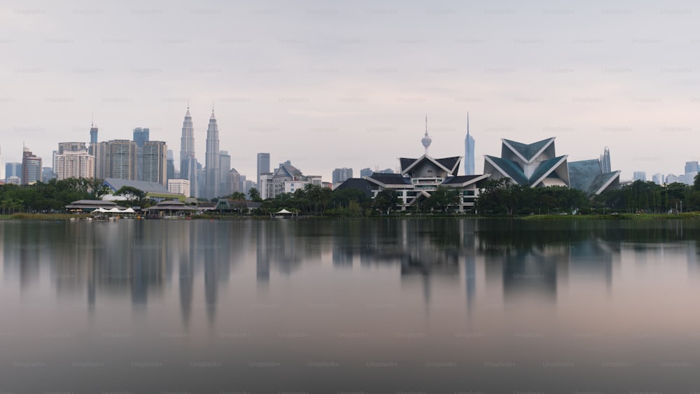 a large body of water with a city in the background