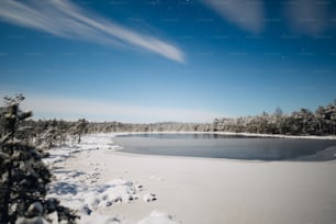 a lake surrounded by snow covered trees under a blue sky