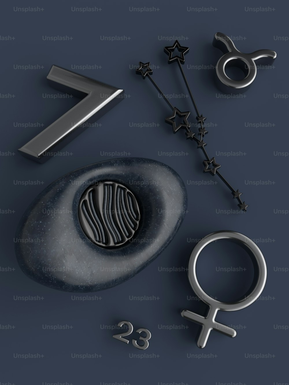 a collection of various metal objects on a blue surface