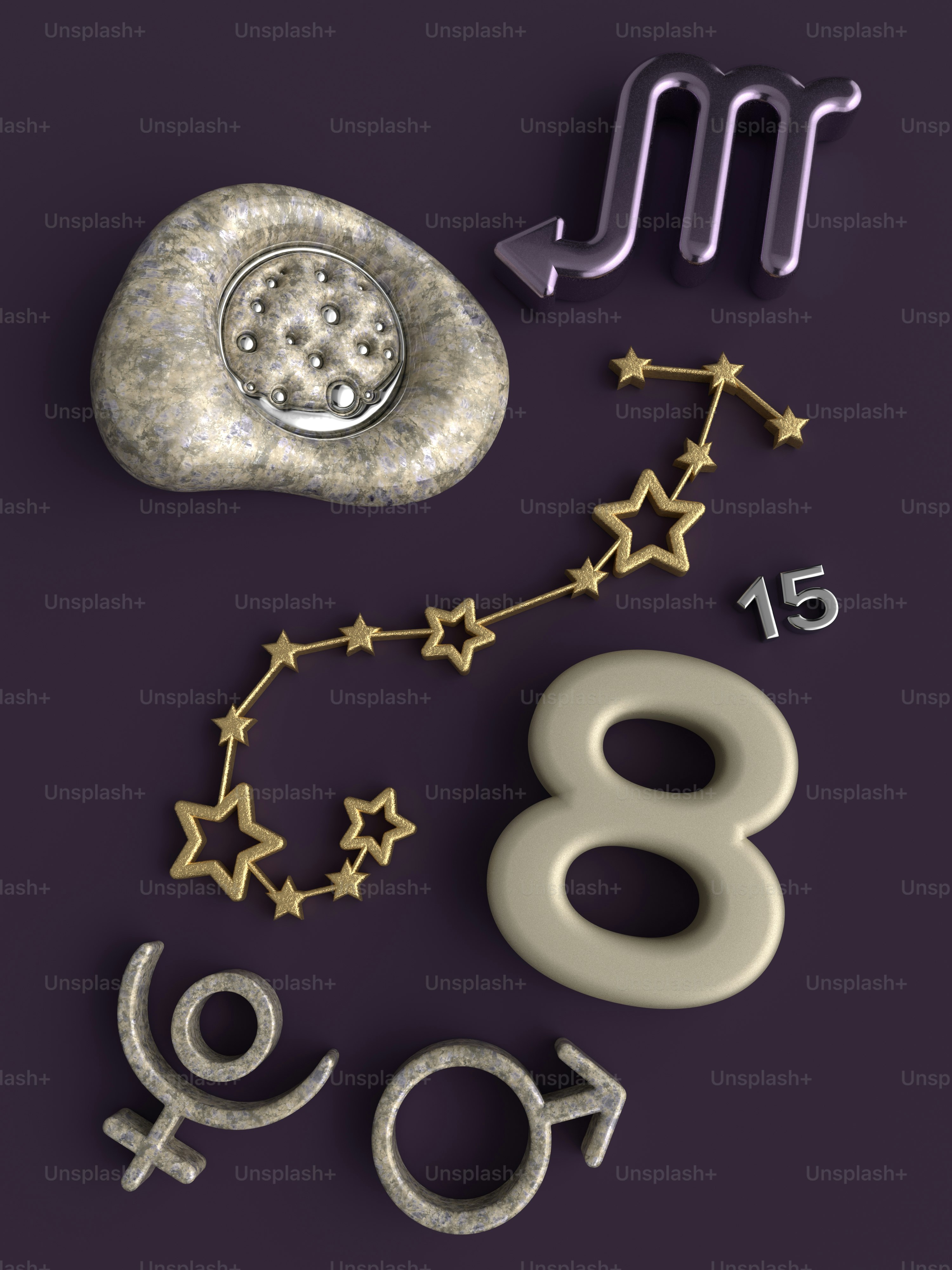 ein Sternzeichen und einige Astro-Symbole auf lila Hintergrund