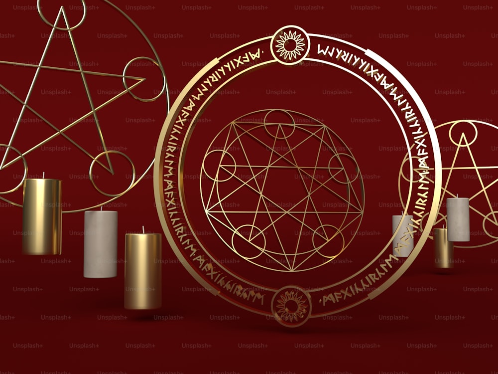 a red background with a gold circle and a gold pen