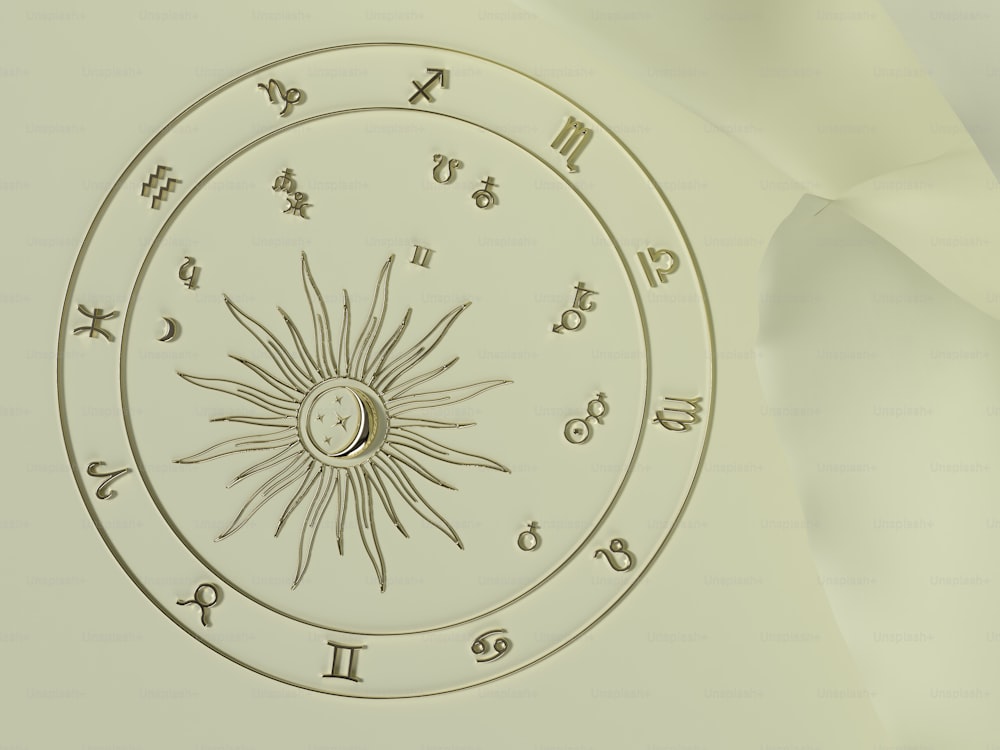 a white clock with zodiac signs on it