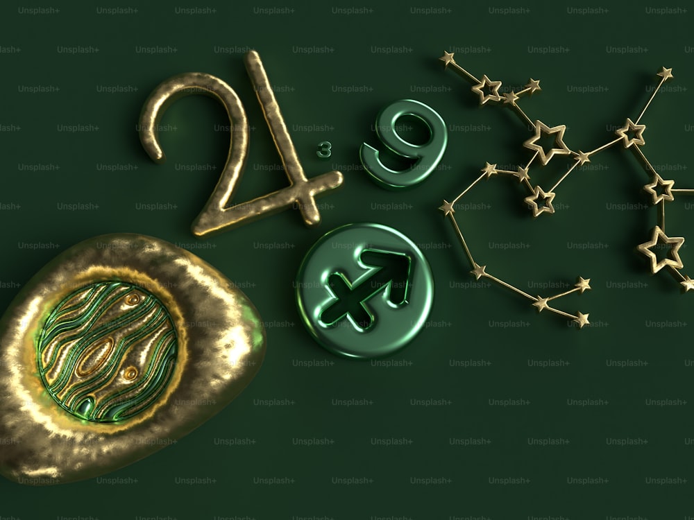 a green background with gold numbers and stars