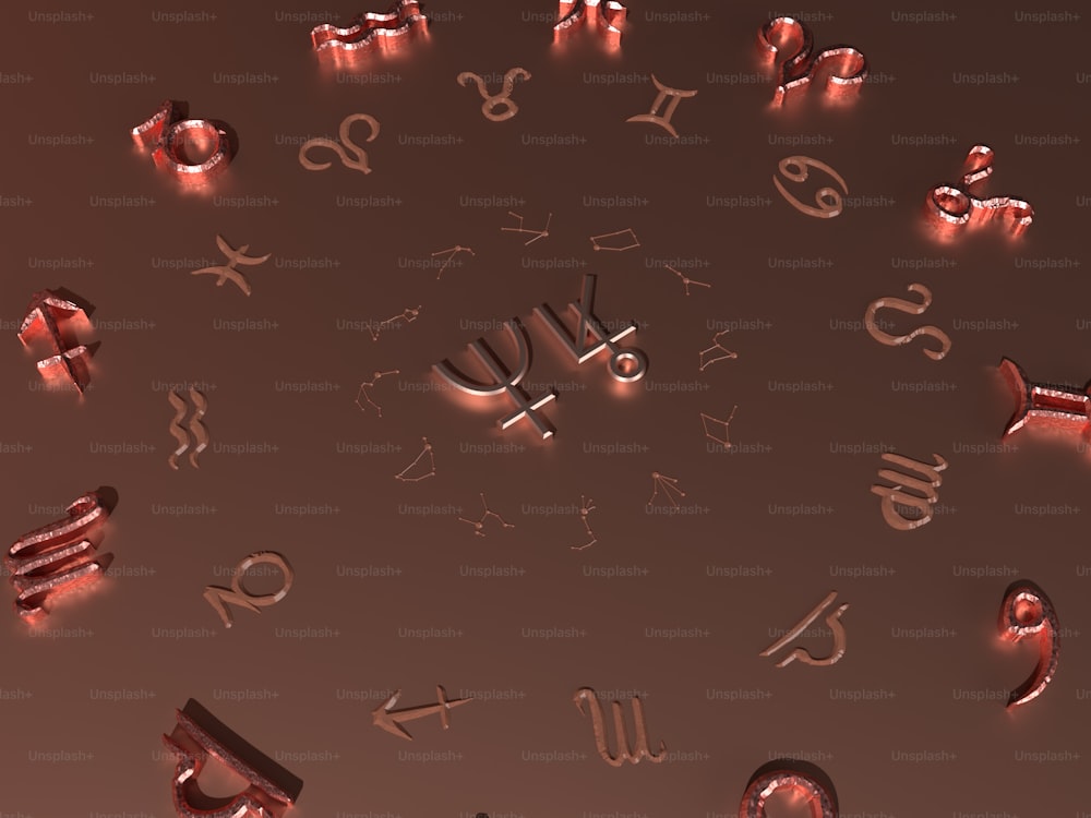 um grupo de signos e números do zodíaco em um fundo marrom