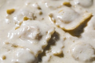 a close up of a plate of food covered in gravy