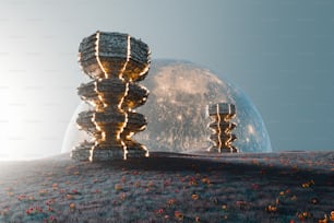 a futuristic landscape with flowers and a giant object in the background