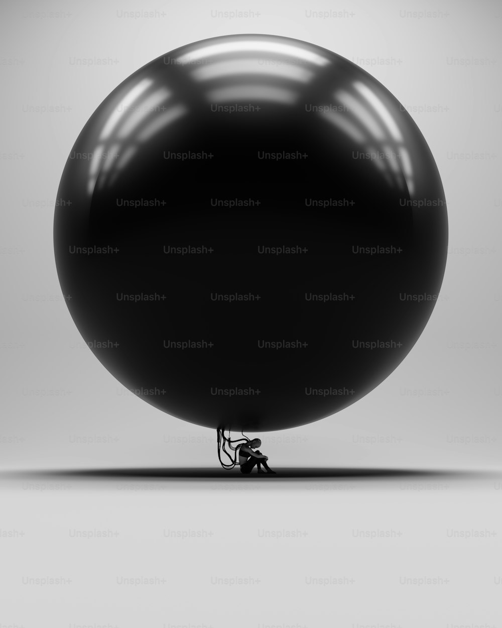 a large black balloon sitting on top of a white floor