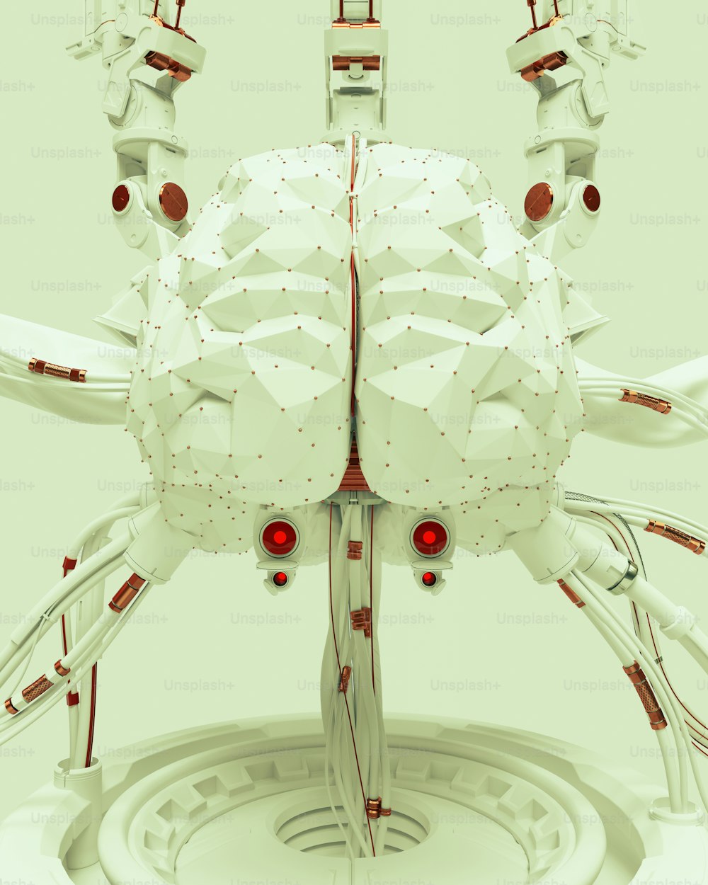 a computer generated image of a white robot with red eyes