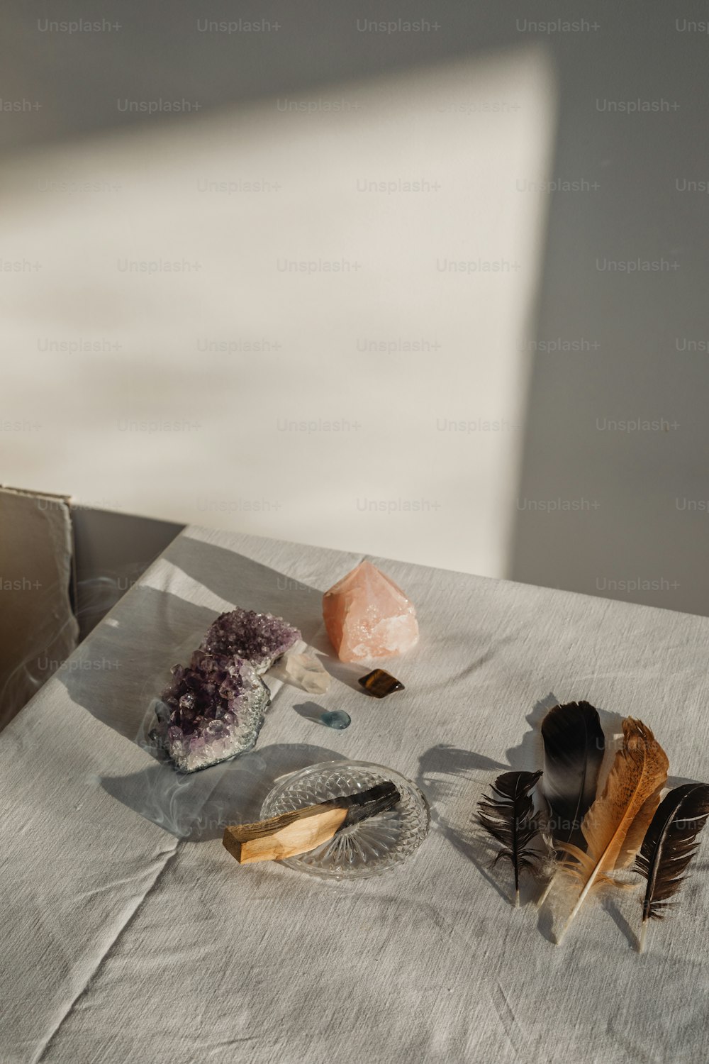 una mesa cubierta con plumas y otros objetos