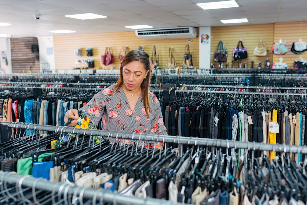 a woman looking through a rack of clothes