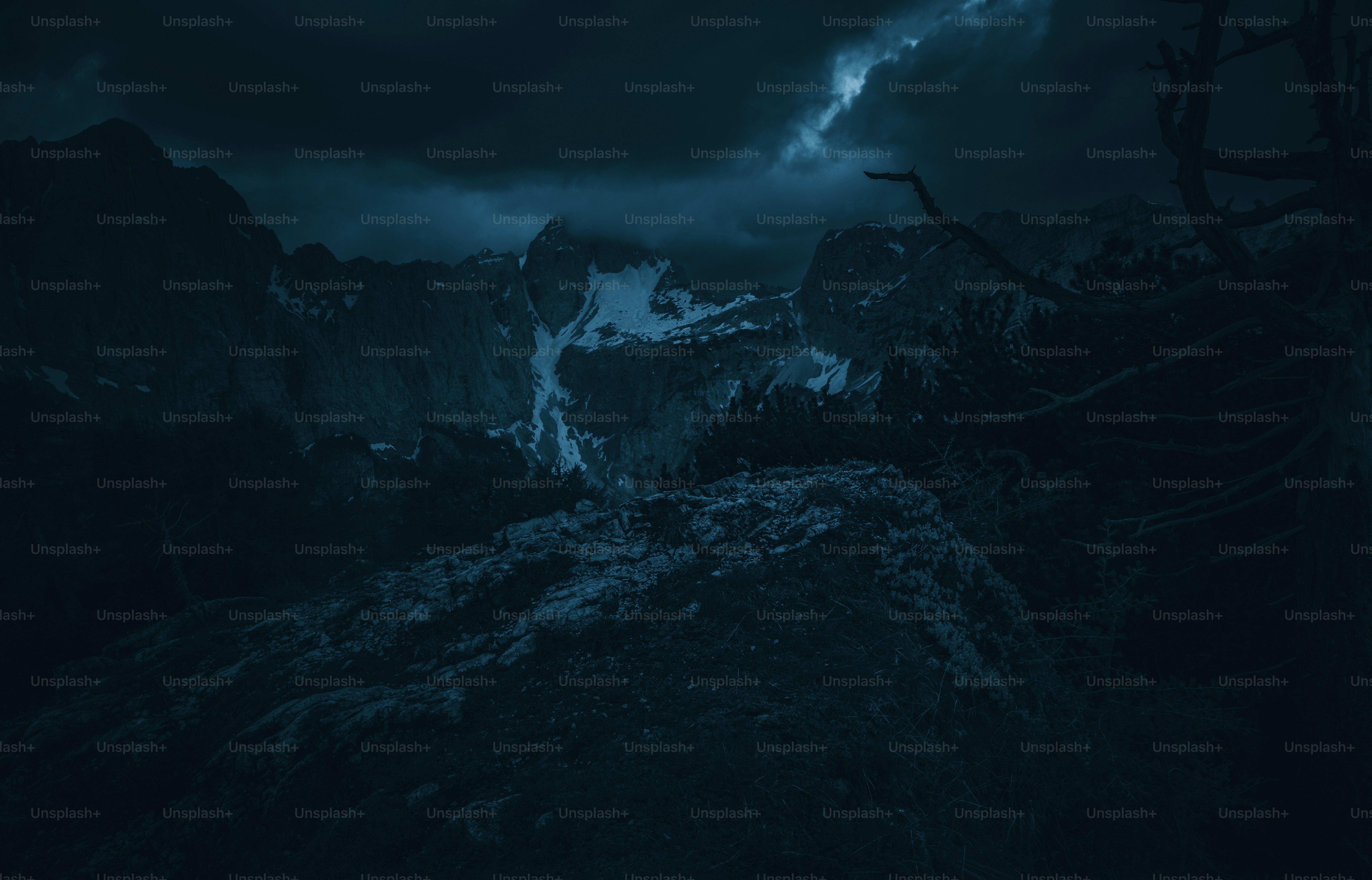 夜の山の白黒写真