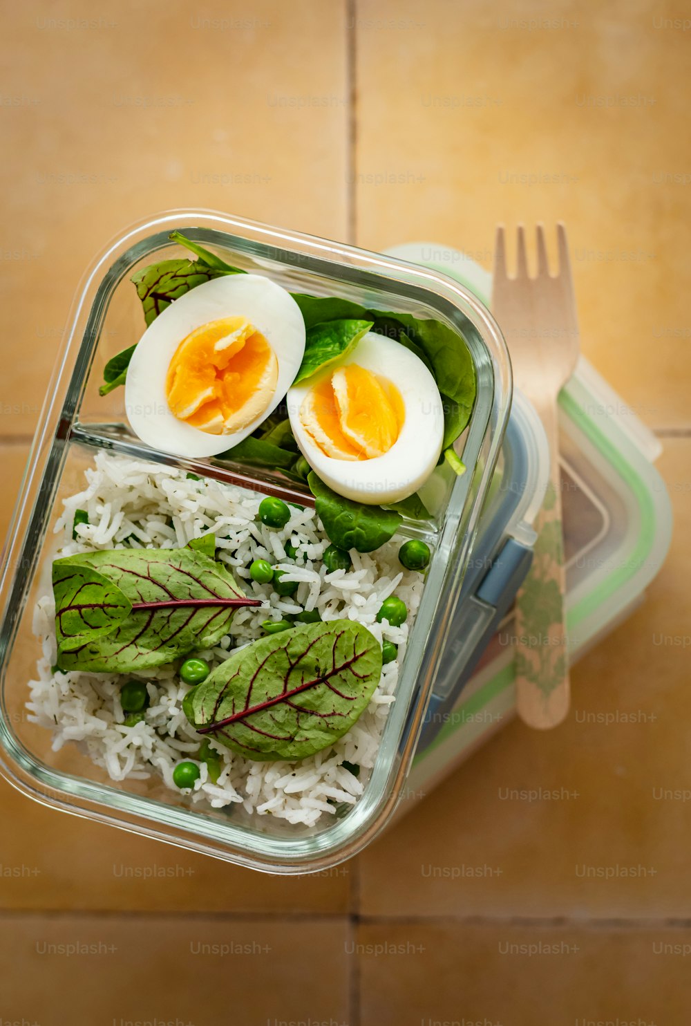 ein Plastikbehälter gefüllt mit Reis und Gemüse