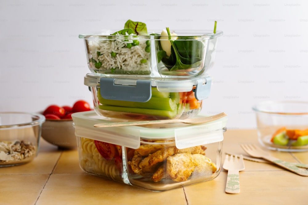 a stack of plastic containers filled with food