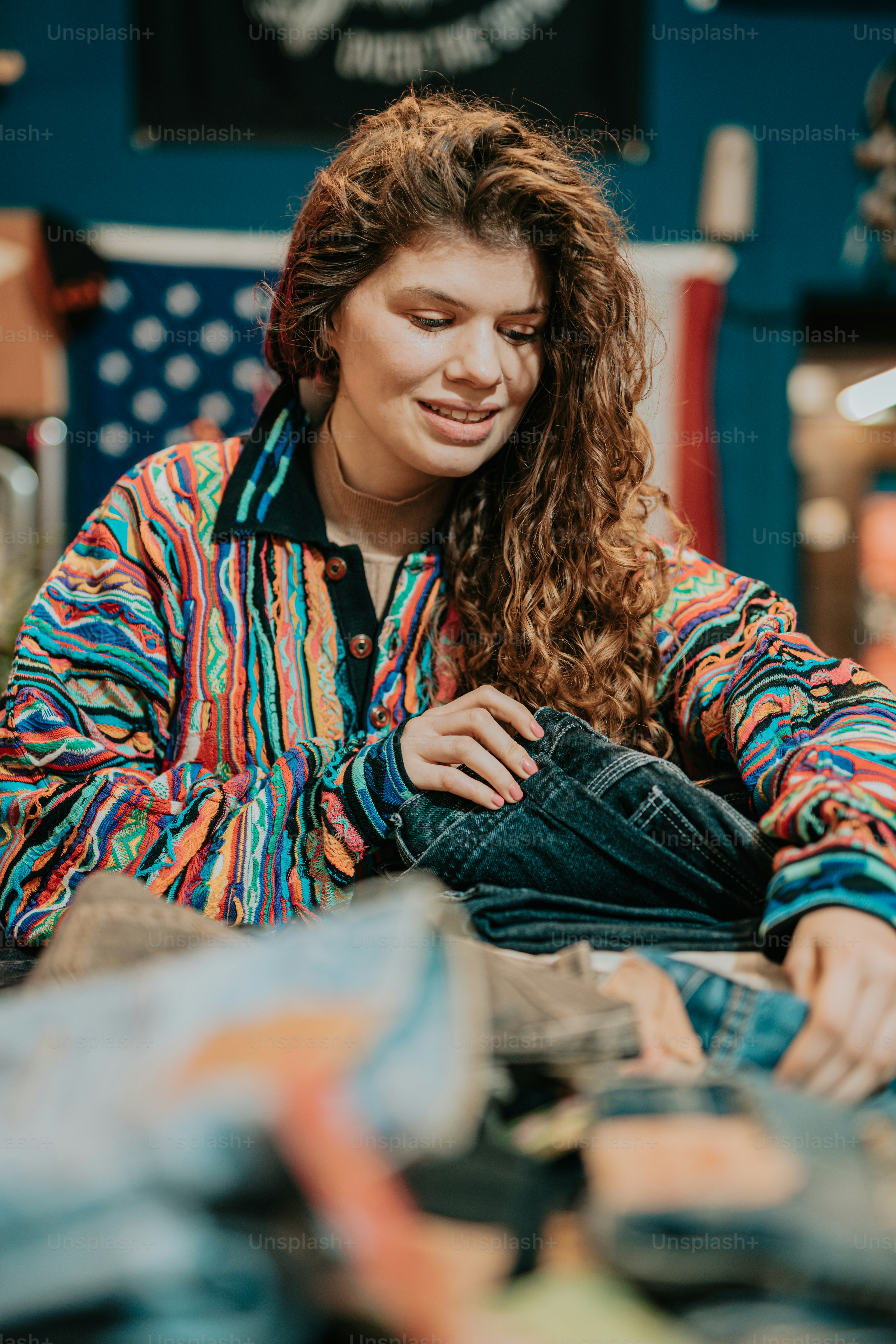 a woman sitting on the ground looking at a pair of jeans