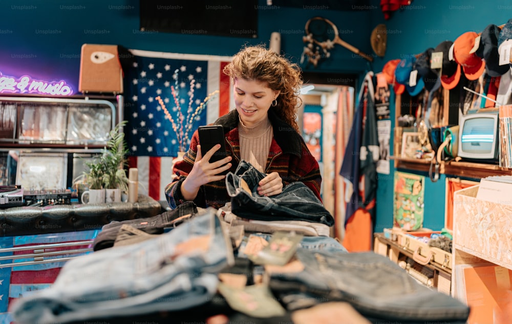 Una mujer mirando un teléfono celular en una tienda de ropa